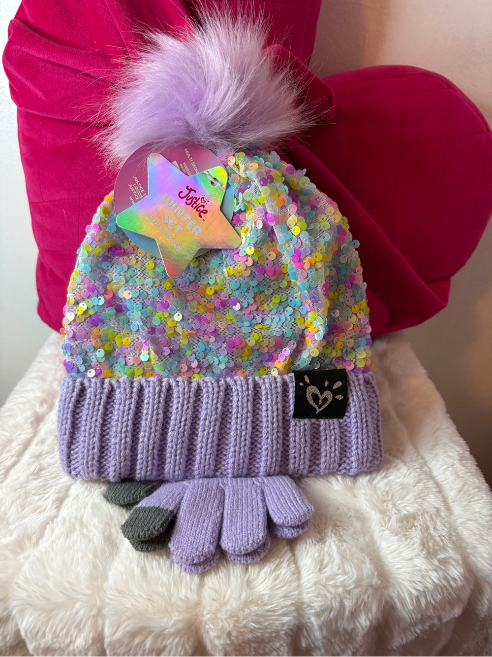 Justice Girls' Lavender Sequin Pom Beanie and gloves set